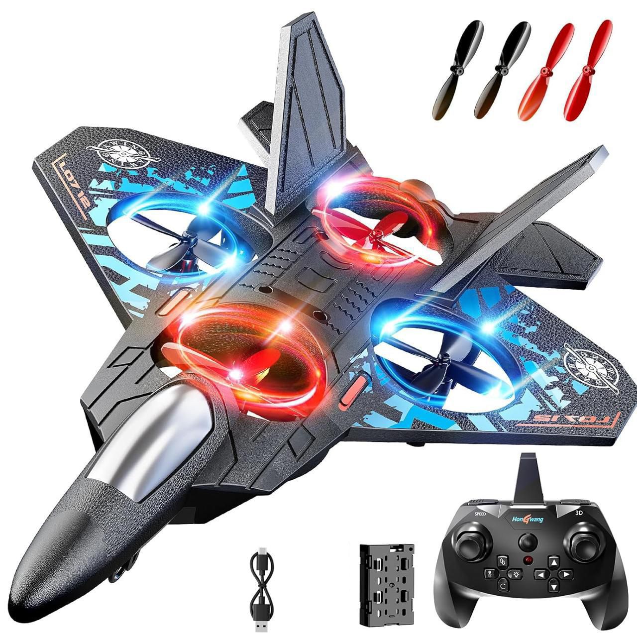 RC Airplane Toy for Kids and Adults, Remote Control Fighter Jet with 360° Stunt Flip & LED Lights, Crash-Resistant EPP Foam Flying Toy, Rechargeable, Multicolor
